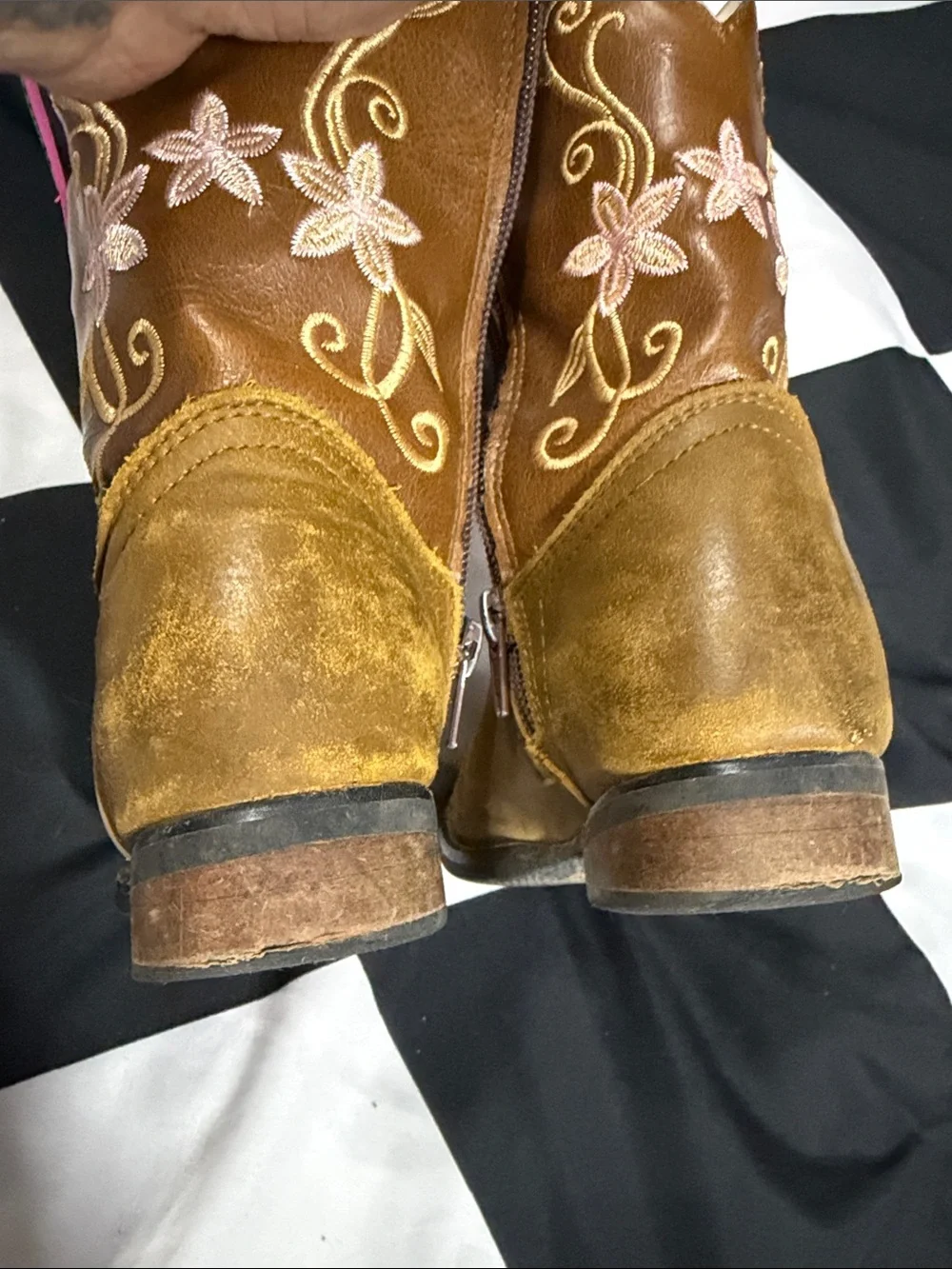 Girls' Tan Western Pull-On Boots with Pink Embroidery
